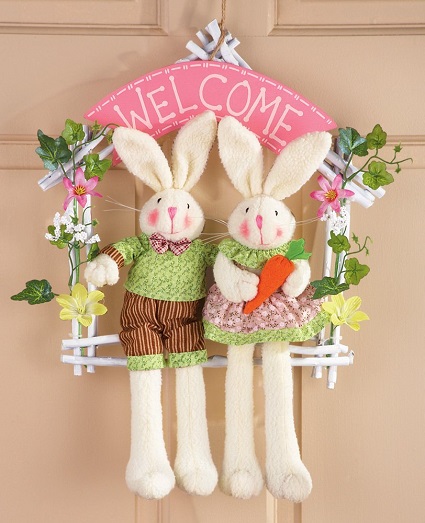 Welcome Easter Bunny Couple Floral Door Wreath