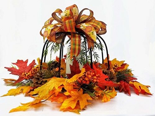 Fall Pumpkin Centerpiece made from Wrought Iron decorated with pine cones, leaves, berries and ribbons. Comes with a flameless candle #falldecor