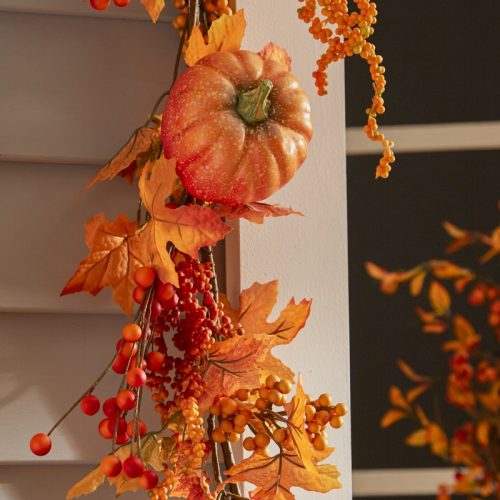 Fall Leaf Garland decorated with pumpkins, berries, pine cones and maple leaves in beautiful vibrant colors. Use this garland on your mantle, staircase, door or windows for any easy fall decor update.