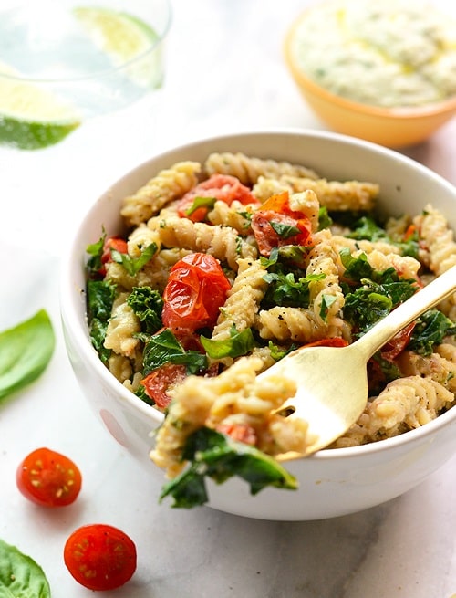 Creamy Vegan Pasta with Sautéed Kale, and Tomatoes