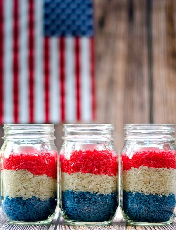 Fourth of July Mason Jars - Red, White, Blue Dyed Rice Votives