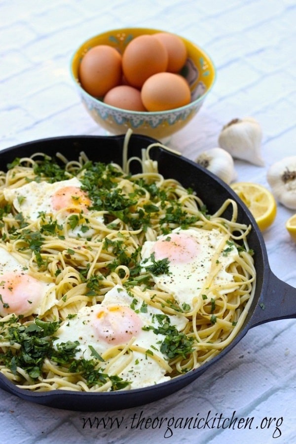 Pasta Aglio e Olio with Eggs Sunny Side Up