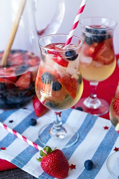 Red, White, & Blue Sangria made with dry white wine and brandy